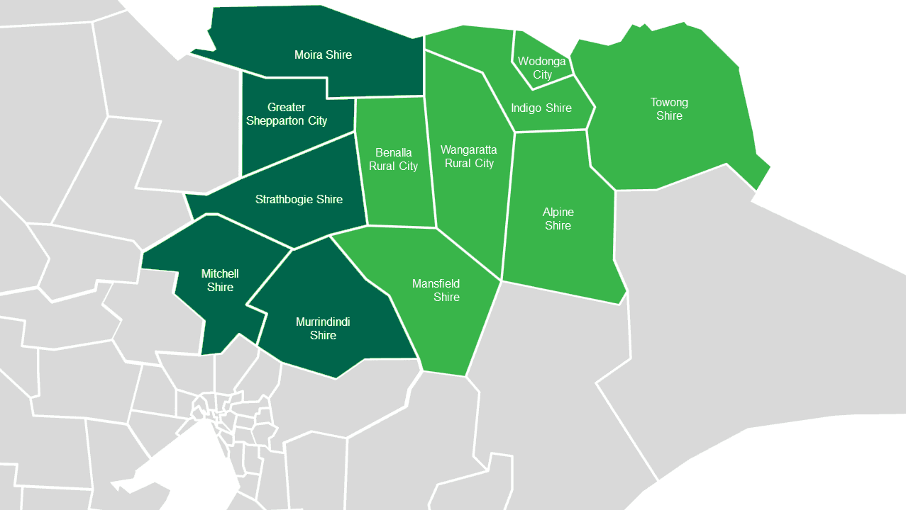 Map of Hume Regional Integrated Cancer Service (HRICS) region with Local Government Areas (LGAs) labelled